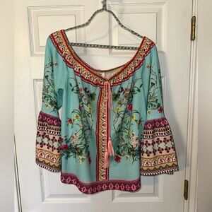 Umgee Floral Boho Top with Pink and Blue Accents, size M